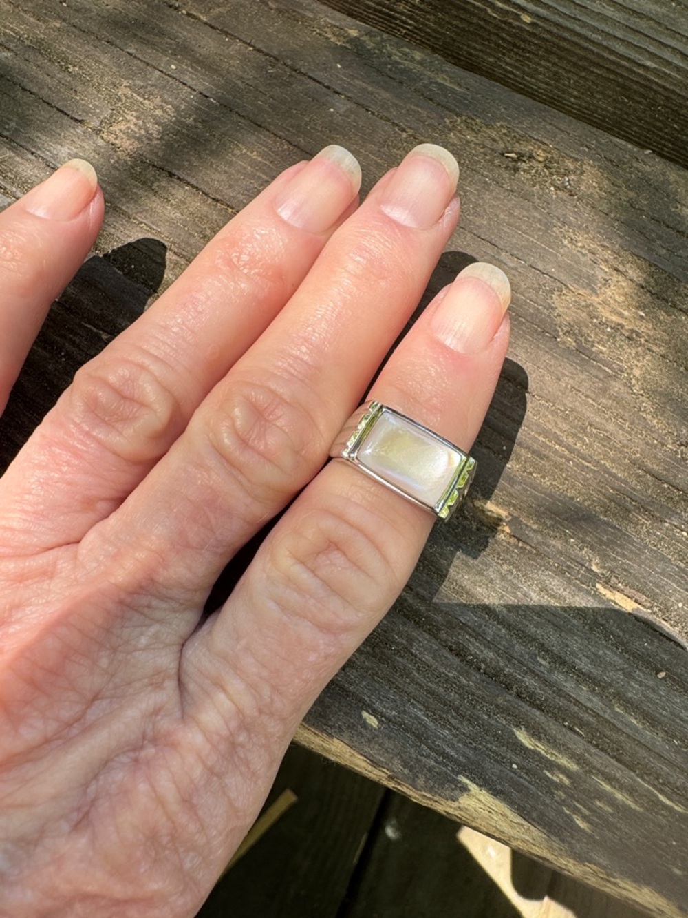 Silver-tone Rectangular Mother-of-Pearl Ring. May be Sterling Silver.